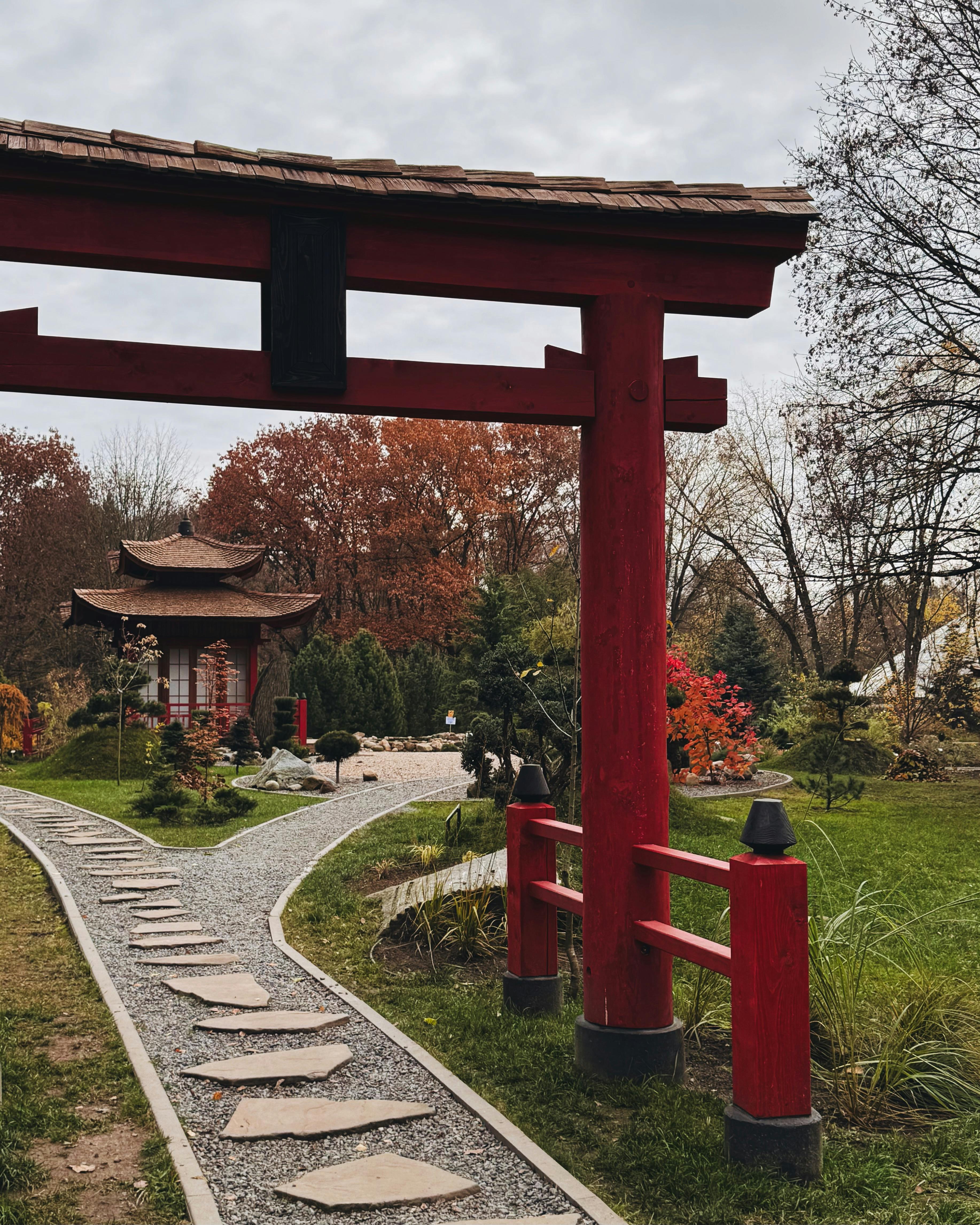 Meiji Shrine torii gate among forested paths